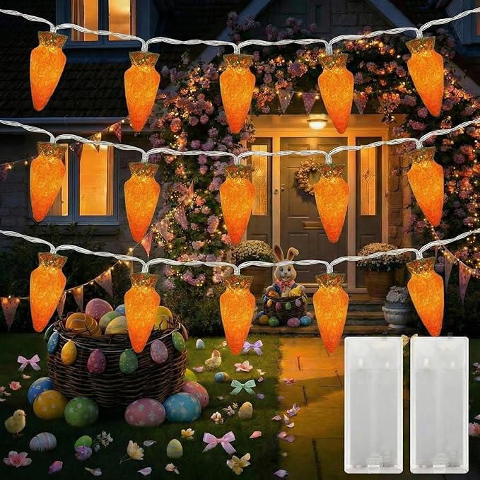WILLBOND 2 Pack Easter Carrot Lights String 14.5ft 20-Count Orange Carrot Shaped Bunny Fairy Lights Battery Operated with 2AA Battery Box for Indoor Outdoor Easter Spring Party Decor