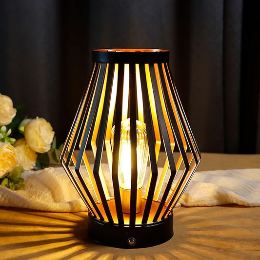 JHY DESIGN Dimmable Touch Bedside Table Lamp 8.5''H Rechargeable Metal Cage Lantern with LED Edison Style Bulb Cordless Accent Lamp for Weddings Parties Patio Events for Indoors Outdoors