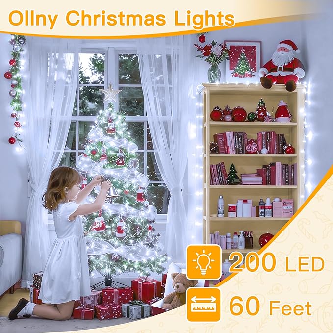 Ollny Christmas Lights 200LED 60FT Indoor, Cool White Connectable Plug in String Light Outdoor, 8 Modes Waterproof Timer LED Fairy Lights for House Outside Bedroom Patio Balcony