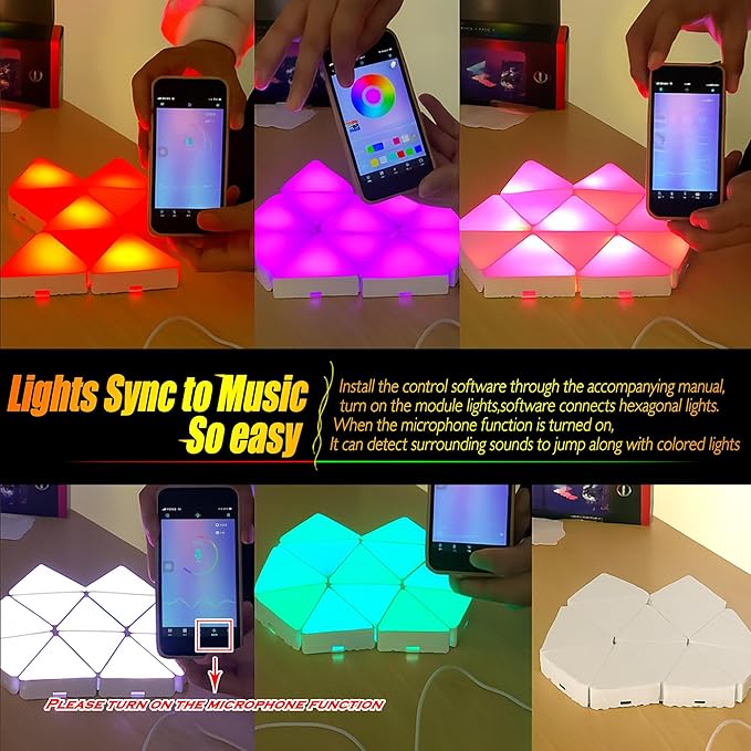 Smart RGB Modular Hex Light Panels LED Splicing Hexagon Bright Mood Wall Lamp Music Sync Creative DIY Geometric Gaming Lights Honeycomb Shape Panel (Side 5" -Triangle-RGB Color- 3 pcs)