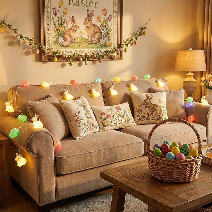SWEETIME Easter Egg Bunny Lights,9.84 ft Cracked Egg Window String Lights,Battery Powered Colorful Eggs String Light for Home Bedrooms Window Tree Indoor Outdoor