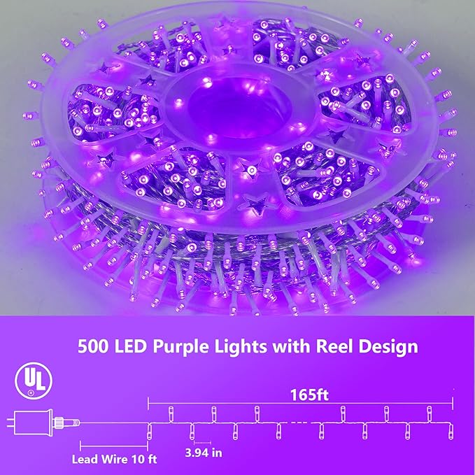 YEGUO 165ft 500 LED Christmas Lights Outdoor Waterproof, Purple String Lights Indoor Plug in, 8 Modes Clear Wire Purple Lights for Halloween Holiday Home Tree Garden Patio Decor