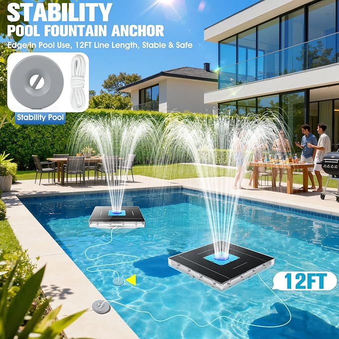 2026 Patent Solar Fountain,Floating Solar Pool Fountain with 9 Lights & Anchor,Large Solar Powered Water Fountain for Above Ground Pool Fountain Pump,Waterproof Floating Fountain for Pool-Light Blue