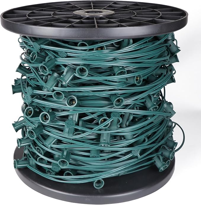 500FT C7 Light String Christmas Stringer, E12 Christmas Sockets 12" Spacing, C7 Stringer Set Green Outdoor String Light for Wedding Patio Event Lighting Decor, Green Wire