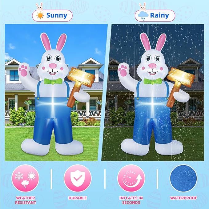 B&D 6FT Easter Inflatables Outdoor Decorations Blow Up Inflatable Bunny Holding A Sign Built-in LEDs, Happy Easter Decorations Inflatable Rabbit for Holiday Party Indoor Outdoor Yard Garden Lawn