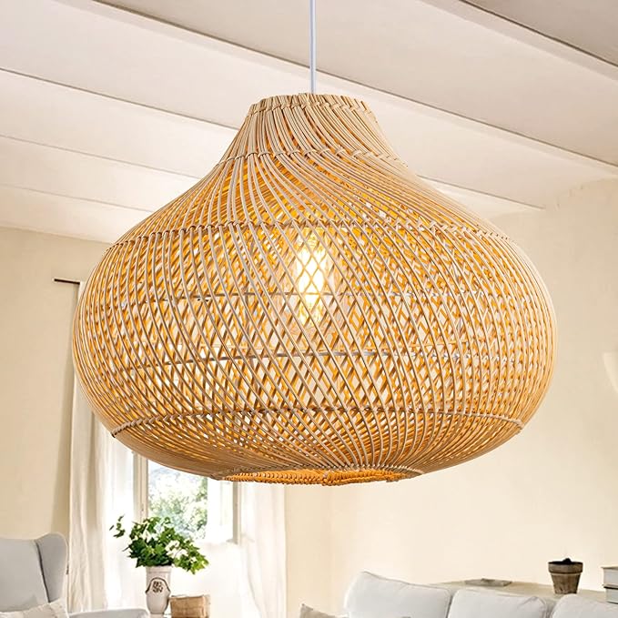 Rattan Pendant Light, 16.5" Hand-Woven Wicker Chandelier Boho Hanging Light Fixture, Farmhouse Natural Raindrop Basket Ceiling Light for Dining Room Kitchen Island Bedroom Living Room, E26