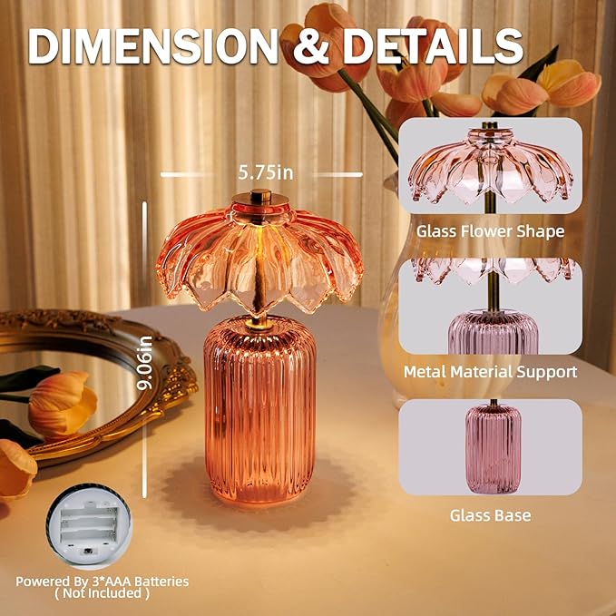 MJ PREMIER Cordless Lamp, Battery Operated Lamp with Timer, Crystal Glass Flower Lampshade, Small Table Lamps, Decorative Led Light for Bedroom Living Room Shelf (S-Pink)
