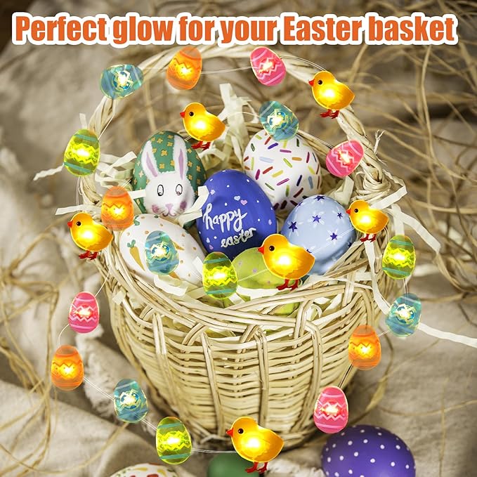 Easter Decorations Eggs & Chicken String Lights Spring Decor 10ft 30 LEDs Fairy Lights Battery Operated for Easter Basket Decorations Garland Mantle Party Indoor