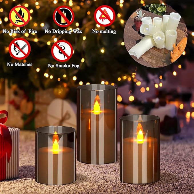 Flameless Candles 4" 5" 6" Set of 3 Acrylic Glass Pillars 3" Diameter Battery Operated Flickering Candles Include 8-Key Remote with Timer Function 400+ Hours (Gray, 3 Pack)
