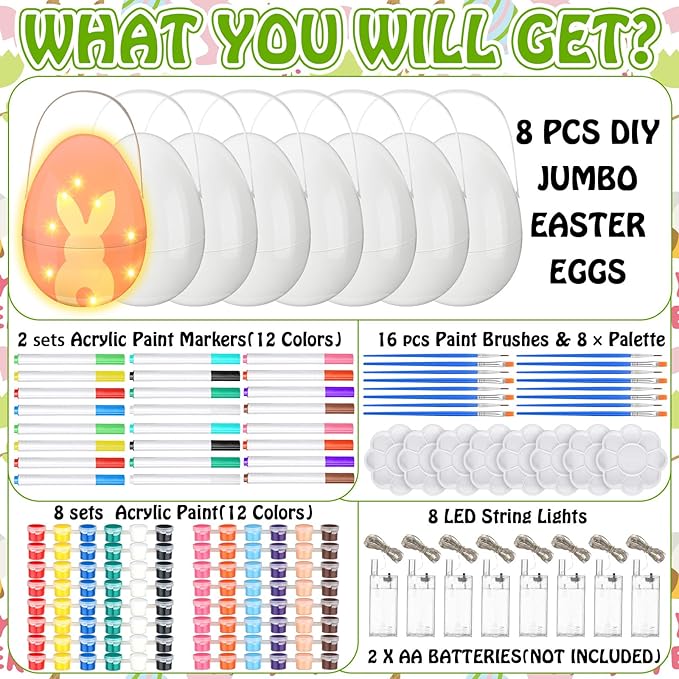 8 Sets Jumbo Easter Egg Plastic Fillable 10 Inch Giant Paintable Eggs with Handles Large White DIY Containers Paint Your Own Egg Lamp Kit for Easter Decor Basket Stuffers Fillers