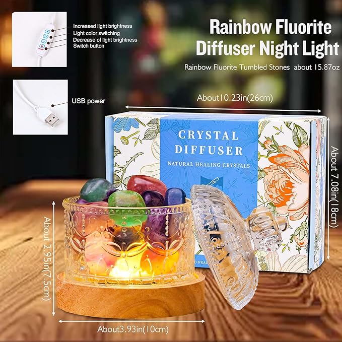 Runyangshi Crystal Lamp Night Light - Natural Colored Fluorite Crystal Tumblestone, 3 Lighting Modes with 10 Brightness Levels, Kid & Pet Friendly Design, USB Powered, Ideal for Home and Decor & Gift