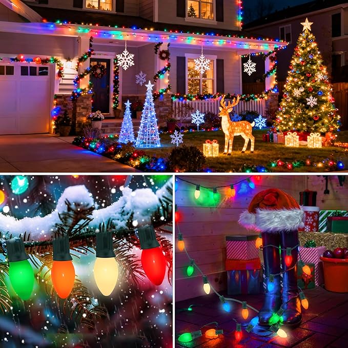 50FT C7 Christmas Lights Outdoor, Multicolor Vintage Christmas Lights String with 50+5 Ceramic Bulbs,Hanging Christmas Light Green Wire for Holiday Party Wedding Christmas Decorations