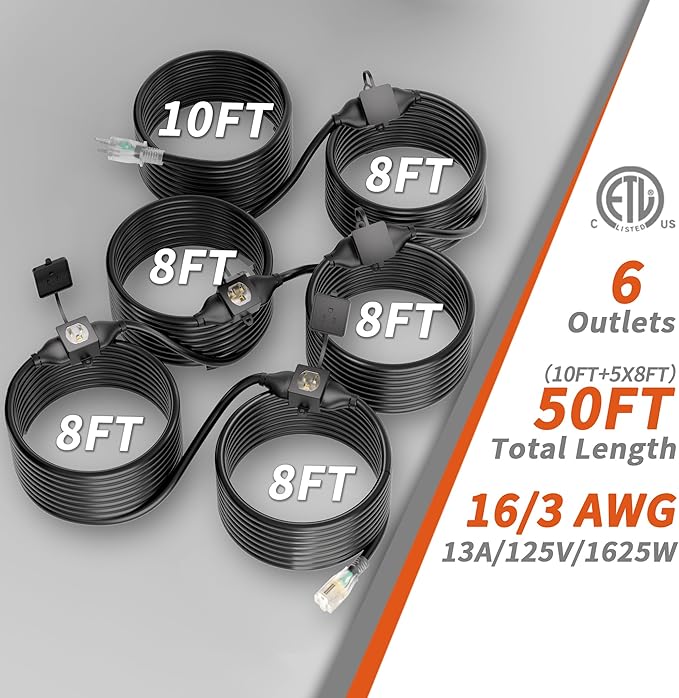 50 FT Outdoor Extension Cord with Multiple Outlets, 16/3 Gauge Extension Cord Evenly Spaced 6 Outlets Plugs with Lighted Waterproof, 13AMP 1625W 125V 16AWG SJTW Black, ETL Listed