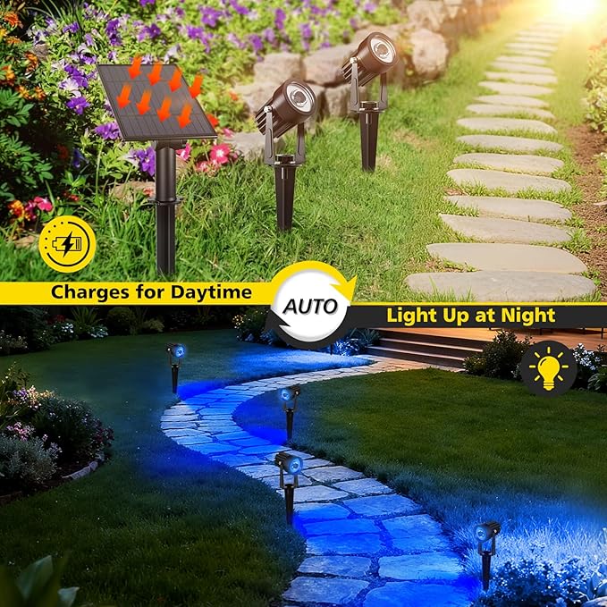 T-SUN Blue Solar Spotlights, 2-in-1 Outdoor Waterproof Solar Landscape Spotlights for Garden, Yard, Paito, Festival Decor(Blue)