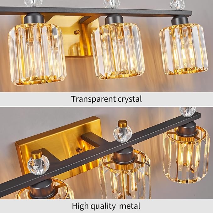 Bathroom Vanity Lights 4-Light Black Gold Modern Crystal Vanity Light Fixtures Over Mirror Crystal Bathroom Vanity Lighting Fixtures