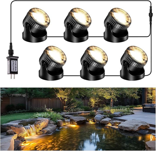 POPOSOAP Pond Lights, 6-in-1 Warm White Underwater Pond Lights, IP68 Waterproof LED Landscape Spotlights for for Pond, Garden, Patio, Fountain, Pool, Waterfall Decoration(6 Head Lamps)