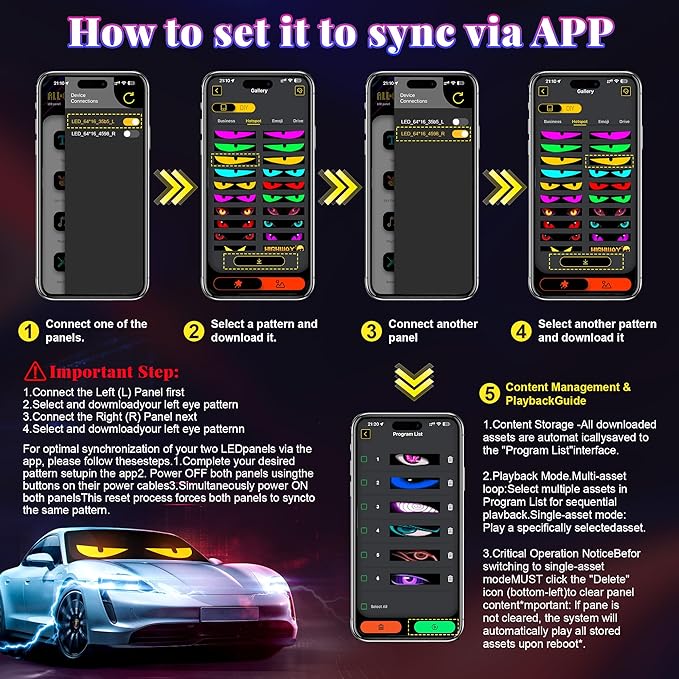 Multi-Panel Sync Car Eyes Display 64x20 LED Sign (14"x4.3") | USB 5V Programmable Scrolling Text/Animation | APP + Remote for Car/Store Ads（1pcs）