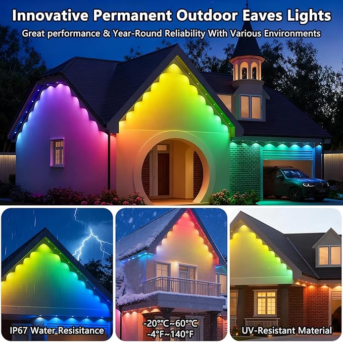 200FT Permanent Outdoor Lights Pro: Smart AI RGBTW Christmas Light,Cool/Warm Eaves Lights for Halloween Decoration, IP67 Waterproof Lighting for Garden Daily Decor, Work with Alexa, Google Assistant