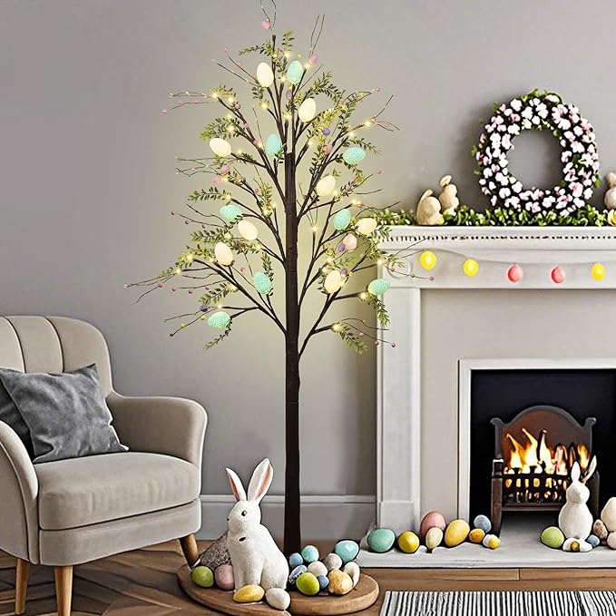 DR.DUDU 5FT Lighted Easter Tree with Timer, Easter Decorations for Home & Porch, Pre-Lit Egg Trees with LED Lights & Colorful Eggs, Indoor Outdoor Spring Decor Party & Office Decoration