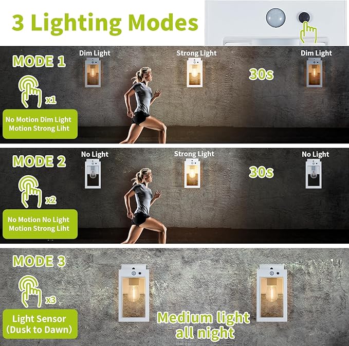 2 Pack Solar Porch Lights Outdoor,Solar Wall Lights with 3 Lighting Modes&Motion Sensor, Dusk to Dawn Sconce Lights Wall Mount,Exterior Wall Lantern Light Fixture for House, Garage,Patio,Shed