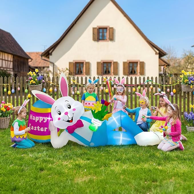 OurWarm 8FT Easter Inflatables Outdoor Decorations, Lying Inflatable Easter Bunny Decor with Egg, Easter Blow Up Yard Decorations with LED Lights, Easter Blow Ups for Outside Roof Lawn Yard Decor