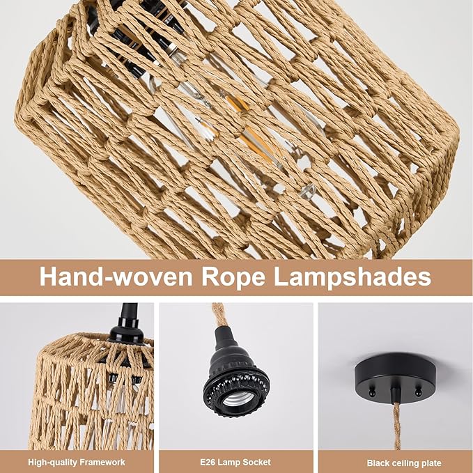 Boho Pendant Lights Kitchen Island Rattan Hanging Lamp with Hand Woven Wicker Small Chandelier Hanging Lights Fixture for Bedroom Kitchen Hallway Foyer 3 Packs