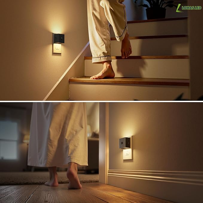 L LOHAS LED Motion Sensor Night Light,[4-Pack] Plug in Night Light with Dusk to Dawn Sensor,Brightness Adjustable,3000K Soft White Nightlight for Bathroom Hallway Kitchen