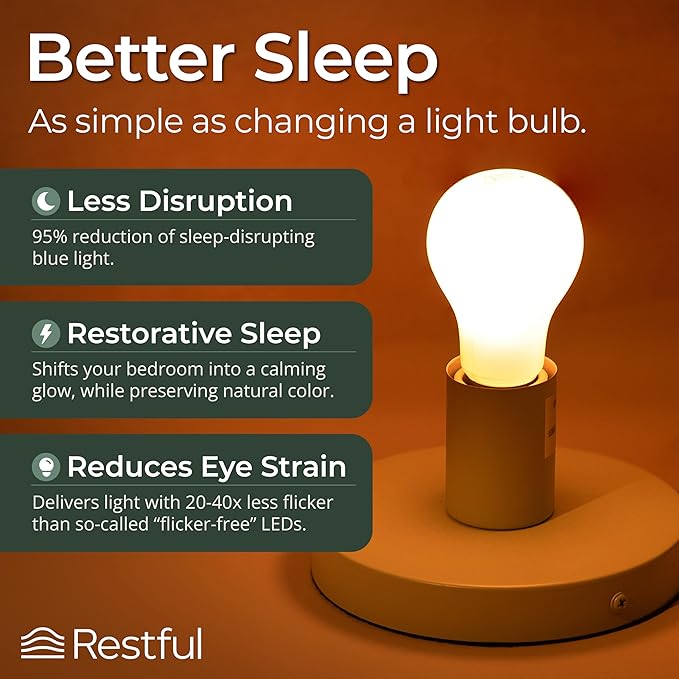 Restful 2-Pack Bedtime Bulb v2 for Better Sleep (45+ Years of Light) – Dimmable Low Blue Light Bulb, Easy Setup, Reduces Eye Strain