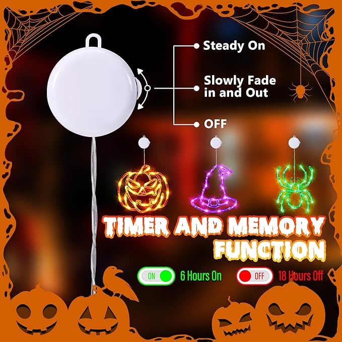 Joomer Halloween Battery Operated Window Lights, Orange Pumpkins, Purple Hats and Green Spider, Halloween Lights Decorations with Suction Cup and Timer Functions (Batteries not Included)