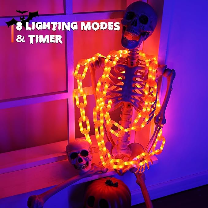 Joomer Chain Lights Halloween Decorative Battery Operated - 9.5 FT 160 LED Waterproof String Lights with Timer Function 8 Lighting Modes for Outdoor Indoor Halloween Decor (Orange)