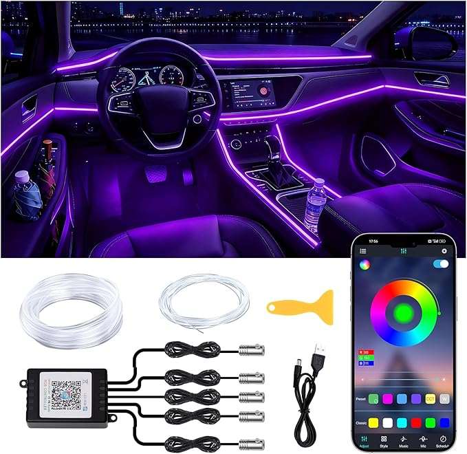 Interior Car LED Lights Wireless APP Control 5 in 1 RGB Ambient Lighting Kit with 236" Fiber Optic, 16 Million Colors Music Sync Waterproof LED Strip Lights for Cars Trucks SUVs Auto Interior Decor
