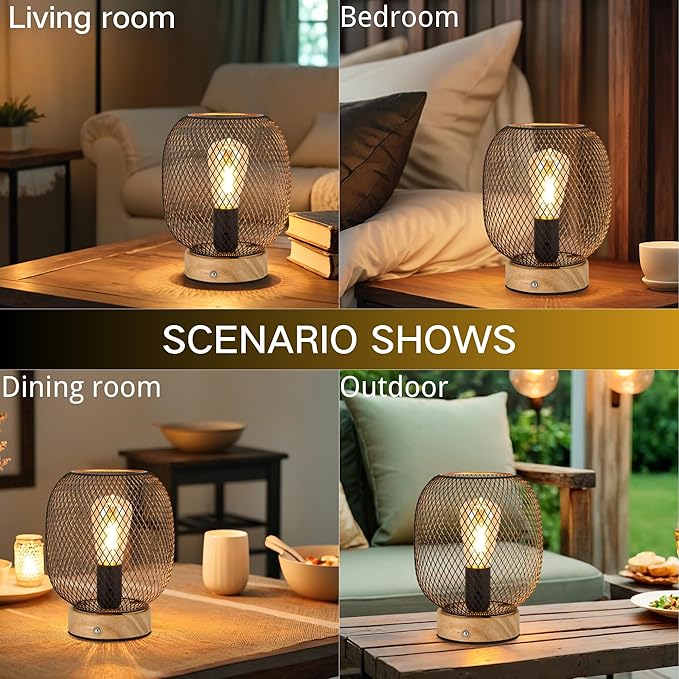 JHY DESIGN Dimmable Touch Bedside Table Lamp Metal Cage Rechargeable Battery Powered Lamp with LED Bulb for Weddings Parties Patio Events for Indoors Outdoors(Round, Wooden Base)