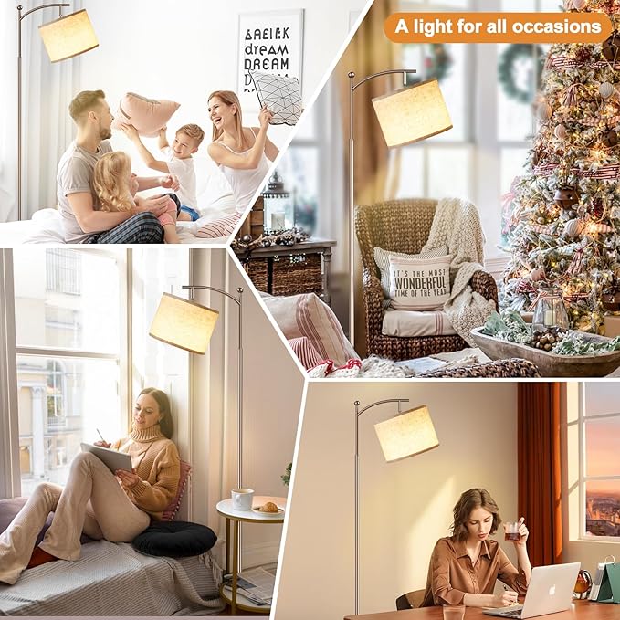 Ambimall 60" Floor Lamps with Remote Control & Bulb, Colors Temperature & Brightness Adjustable, Beige Shade & Brown Pole