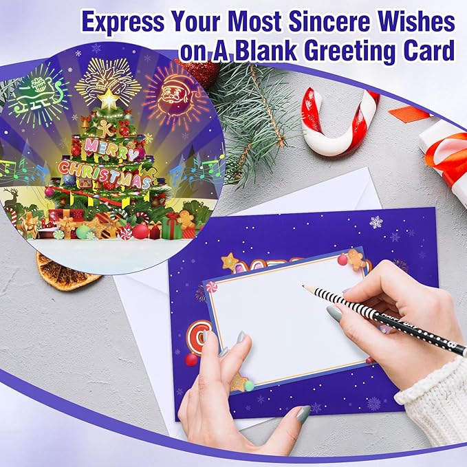 FaCraft Musical Christmas Cards, with Lights and Music, Handmade 3D Pop Up Christmas Tree Card, with Envelope, Blank Insert and Seal, for Winter, Holidays, New Year