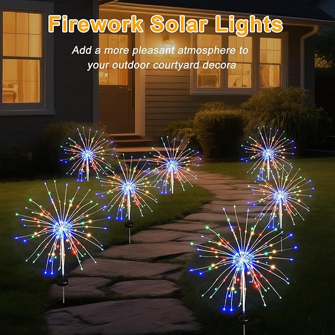 Solar Garden Firework Lights Outdoor Waterproof, 4 Pack Solar Lighting with 8 Lighting Modes , 120 LED Sparklers String Lights for Outside Decor Yard Pathway Halloween Decorations(Colorful)
