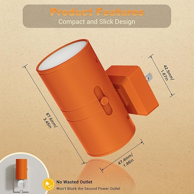 JandCase Night Lights Plug into Wall, Dimmable Night Light Plug in with Orange Shade, Modern Night Lights with Dusk to Dawn Sensor, Soft White 3000K, 0-100LM Nightlight for Hallway Bedroom, 2 Pack