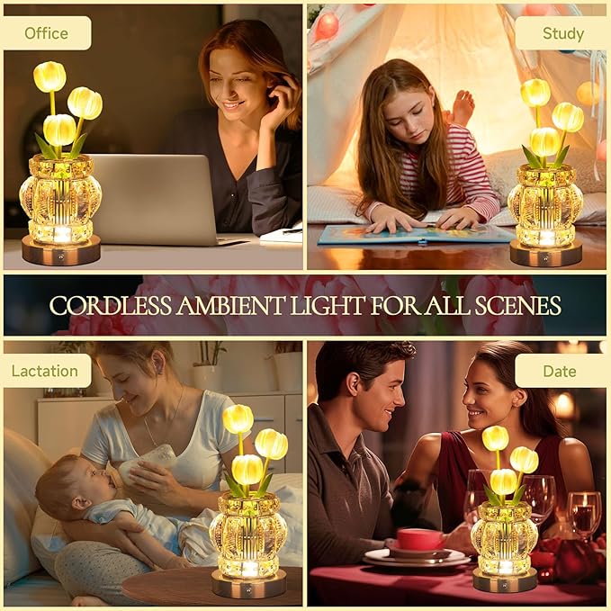 Tulip Table Lamp, Rechargeable Cordless Touch Dimming Artificial Tulip Flower Desk Lamp, LED Crystal Lamp Flower Bedside Night Light, Romantic Gifts for Girl Women Mom (White - Tulip)