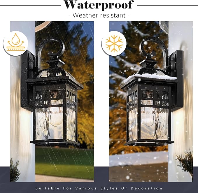 2-Pack Outdoor Wall Lanterns Exterior Waterproof Wall Sconce Light Fixture Black Outdoor Lighting Fixture with Water Ripple Glass Shade Outside Porch Light for Garage Patio and Doorway