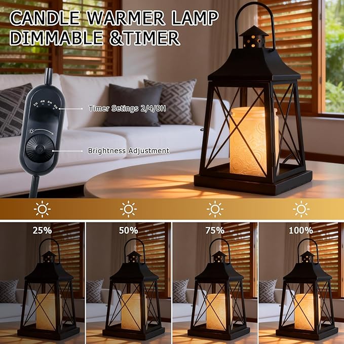 Candle Warmer Lamp with Timer,Compatible with 3 Wick Candles Jars,Vintage Candle Warmer Lantern Lamp,Dimmable Farmhouse Candle Lamp Warmer,Fully Enclosed and Hanging Up Designed