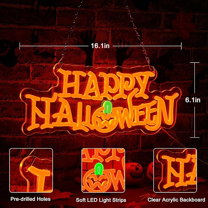 Happy Halloween Pumpkin LED Neon Lights for Wall Decor 16.1x6.1in USB Powered Halloween Neon Light Sign for Halloween Costume Party,Trick or Treat,Bar,Living Room Decoration Gifts