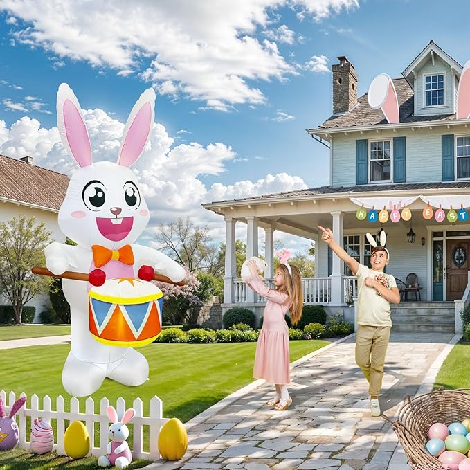 OurWarm 8FT Easter Inflatables Outdoor Decorations, Drumming Inflatable Easter Bunny Decor with Built-in LED Lights, Easter Bunny Blow up Inflatable for Outside Garden Lawn Holiday Party Yard Decor