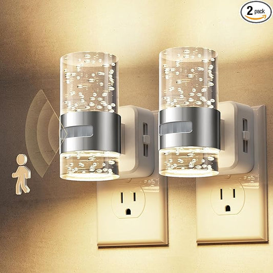 L LOHAS LED Motion Sensor Night Light,Dimmable Night Lights Plug into Wall, 2 Pack 3000K Night-Lights with 0-100 LM Adjustable, Acrylic Bubble Plug in Nightlight for Bathroom Hallway Nursery
