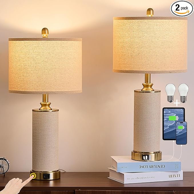 Gold Boho Farmhouse Rattan Table Lamps set of 2, Touch Control desk Lamps, 3 Way Dimmable Grass Rope Large BedsideTable Lamp with Usb A+C for Living Room/Bedroom/Office(2 LED Bulbs Included)