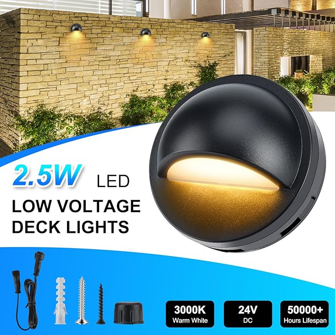 Low Voltage LED Deck Lights kit with Transformer Timer and Photocell Sensor, IP67 Waterproof Fence Lights, Warm White Deck Lighting for Outdoor Walkway Stair post Railing, UL-Listed Cord 8Pack