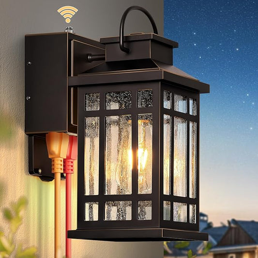 Porch Lights Outdoor with GFCI Outlet, Modern Oil Rubbed Bronze Exterior Lighting Fixtures with Gold Trim, Aluminum Waterproof Outdoor Light Fixtures Wall Mount for Garage, Garden, Entrance