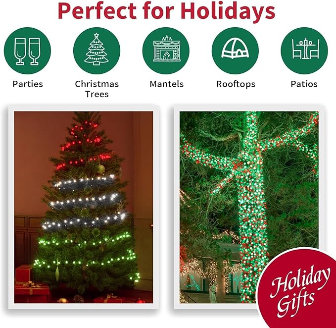 LAMPHOME 165ft Christmas Decorative Mini Lights, 500 LED Transparent Wire Fairy Starry String Light Plug in, 16Lighting Modes for Indoor Outdoor Xmas Tree Wedding Party Decoration (Red Green White)
