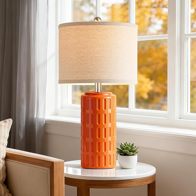 PARTPHONER 23" Farmhouse Modern Ceramic Table Lamp Set of 2 - Orange Bedside Lamps for Bedroom & Living Room, Nightstand, Desk, End Table