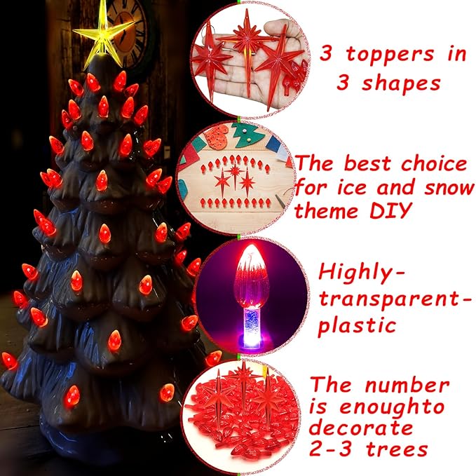 Ceramic Christmas Tree Replacement Lights Bulbs, Red Medium Twist Plastics Pegs Ornaments for Ceramic Tree(87 Bulbs＆ 3 Topper Star)