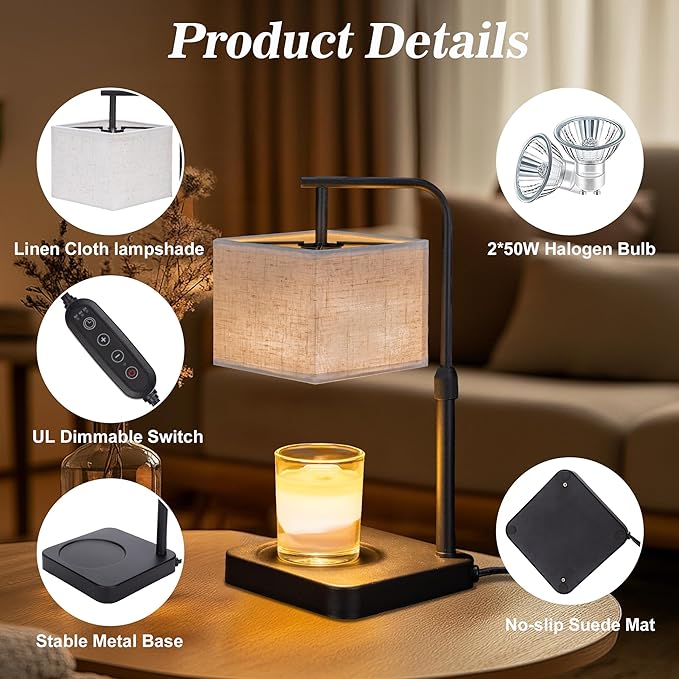 Candle Warmer Lamp with Timer & Dimmable, Height Adjustable Wax Warmer with Linen Shade & 2 Extra Bulbs, Flameless Candle Melter for Jar Candles, Gifts & Bedroom Decor
