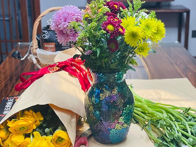 8-Inch Handcrafted Mosaic Cracked-Ice Vase Bedside Lamp with USB-Powered LED Wooden Base,Single-Switch Auto-Cycle RGB Mood Light, Purple-Green Vase USB Night Light for Party,Camping Decor
